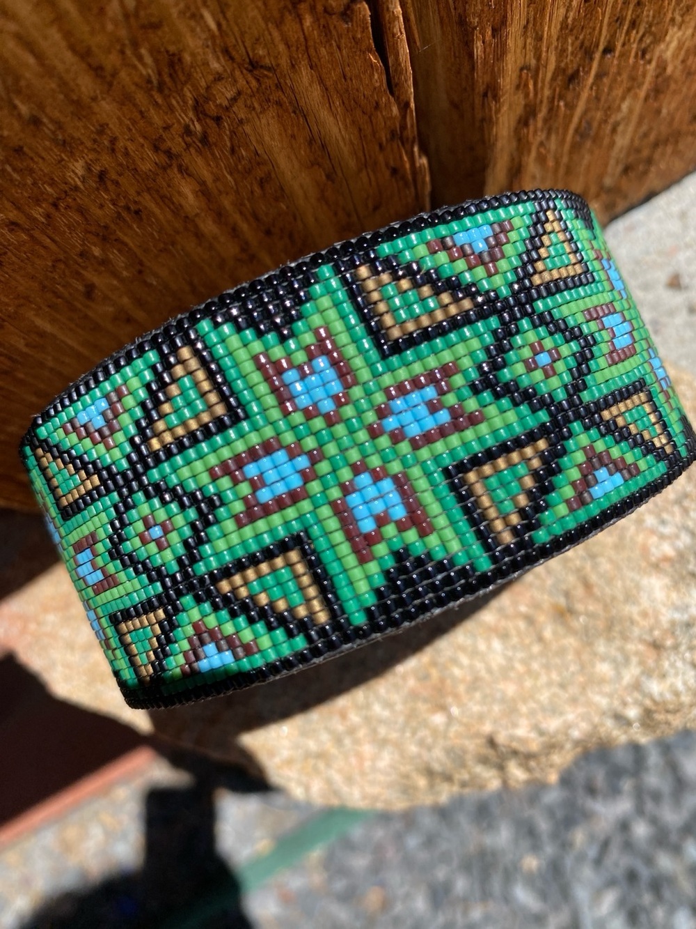 Hand Crafted Green, Black & Blue Geometric Seed Bead Cuff Bracelet